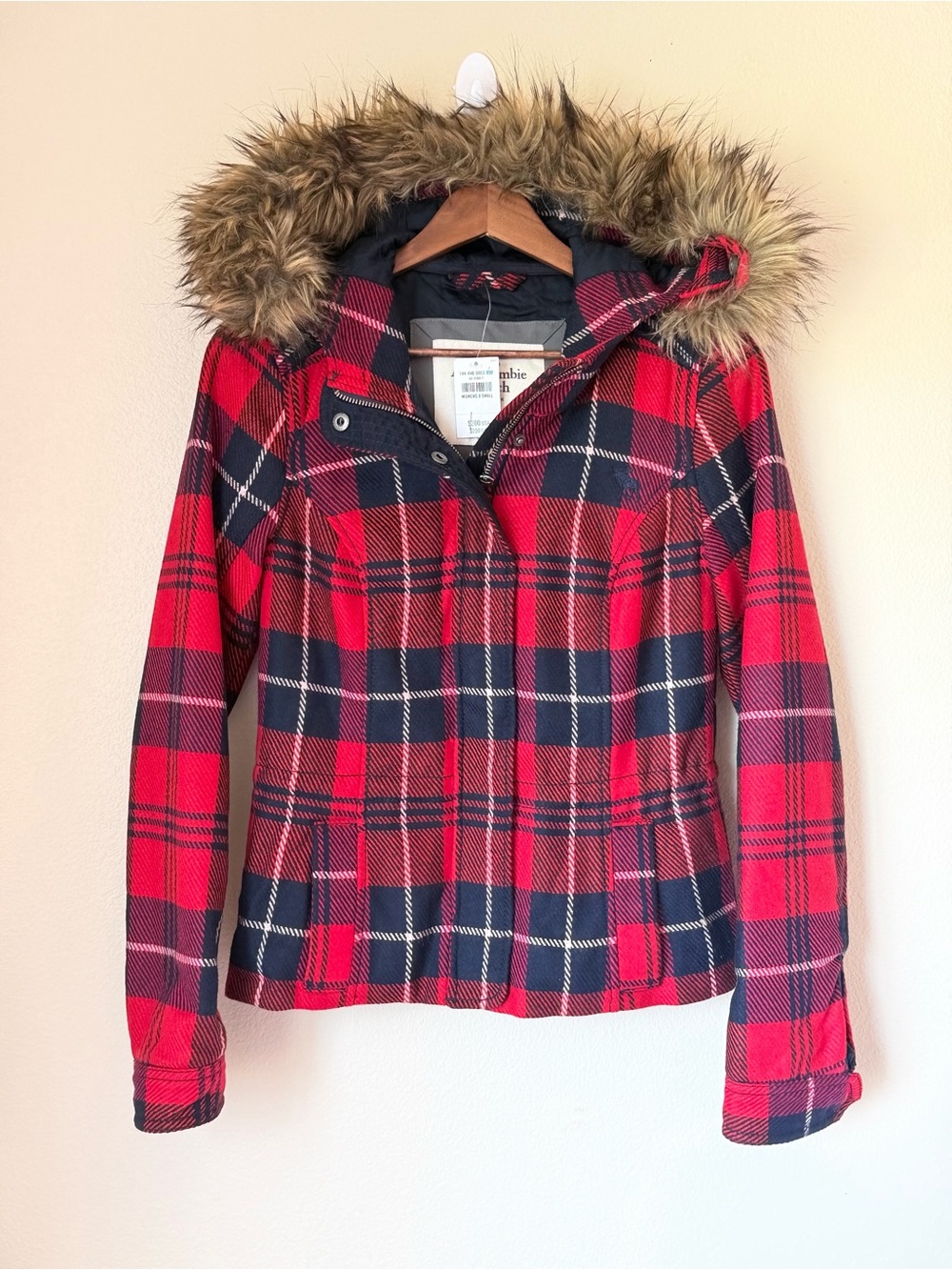Vintage Y2K Abercrombie & Fitch Plaid Coat Faux Fur Hood Jacket Red Navy NWT XS